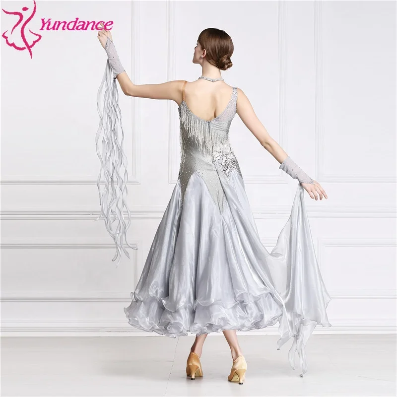 B-15110 High Quality Rhinestones Ballroom Dance Dress Adult Lyrical Gray Modern Dance Costume Dress For Competition