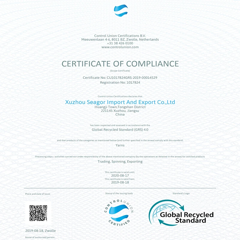 2020 regenarated recycled cotton and polyester certificated GRS yarn suppliers