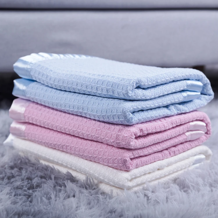 Hot selling Baby items hot sale 100% cotton organic Cellular satin binding Weave waffle kids bed blankets