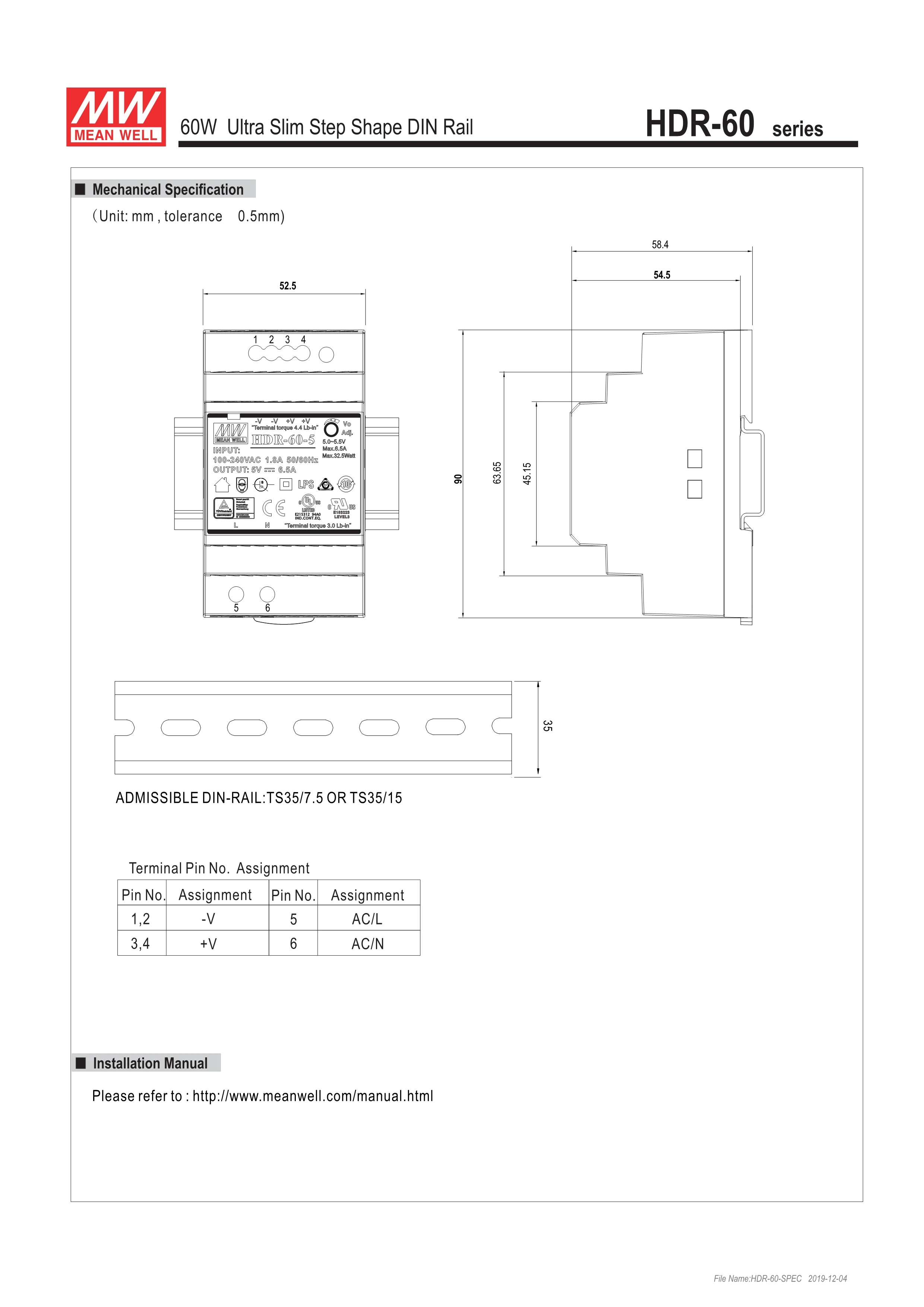 Бренд MEAN WELL представляет AC-DC HDR-60-24 Типа DIN Rail источник питания
