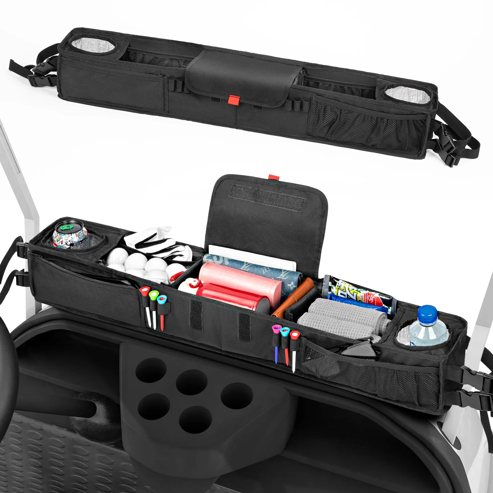 Latest Design Fordable Golf Car Trunk Storage Organizer Nylon Golf Cart Front Storage Basket With Insulated Cup Holders