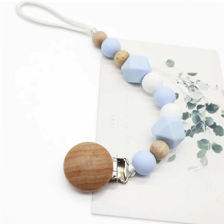 Popular Silicone Beaded Soother Packaging Baby Wooden Pacifier Chain Chewable Clip Dummy Holder
