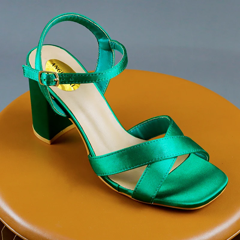 Latest 9CM High Heels Sandal for Women Sexy Slingback Square Peep Toe Chunky Heeled Sandals Cross Stripe Ankle Strap Dress Shoes