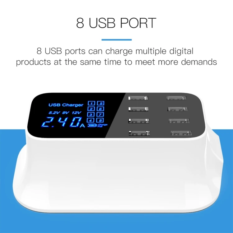 YC-CDA19A 8-портовый USB многофункциональный 40W интеллигентая (ый) цифровой дисплей Быстрая зарядная док-станция штепсельная вилка европейского стандарта