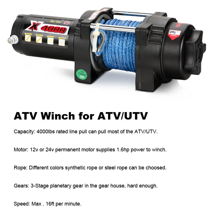 4000lbs pull anchor manual auto ATV 12v mini electric winch with synthetic rope