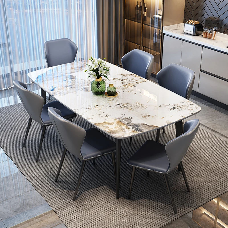 HANYEE Nordic Luxury Modern Home Restaurant Dining Room Furniture Set 4 6 Seater Marble Sintered Stone Top and Metal Leg Base