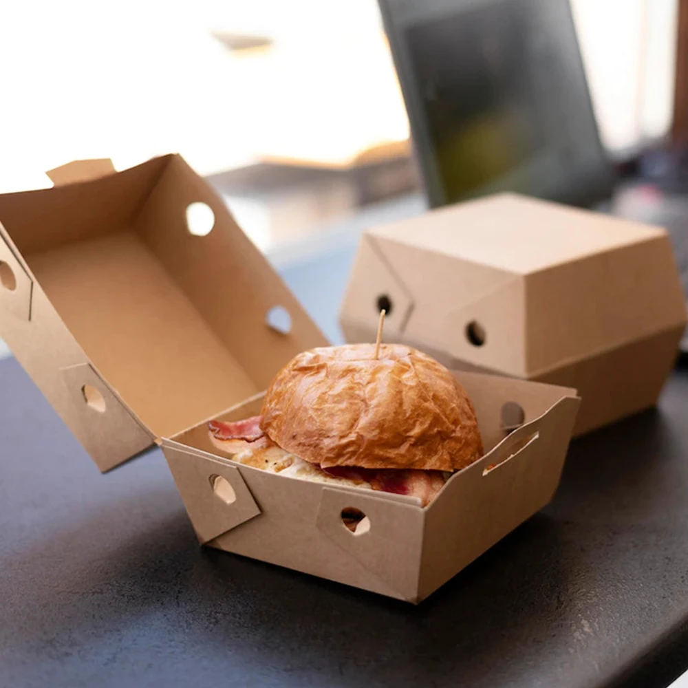 Custom design disposable cardboard take away kraft box for fast food french fries hamburger burger packaging boxes