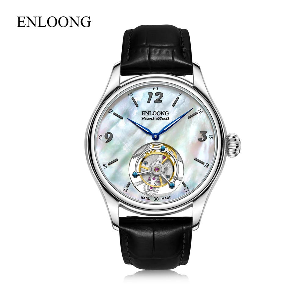 ENLOONG Custom Chrome Brand Luxury Flying Tourbillon Watch Private Label Pearl Shell Luminous Manual Winding Men Watch