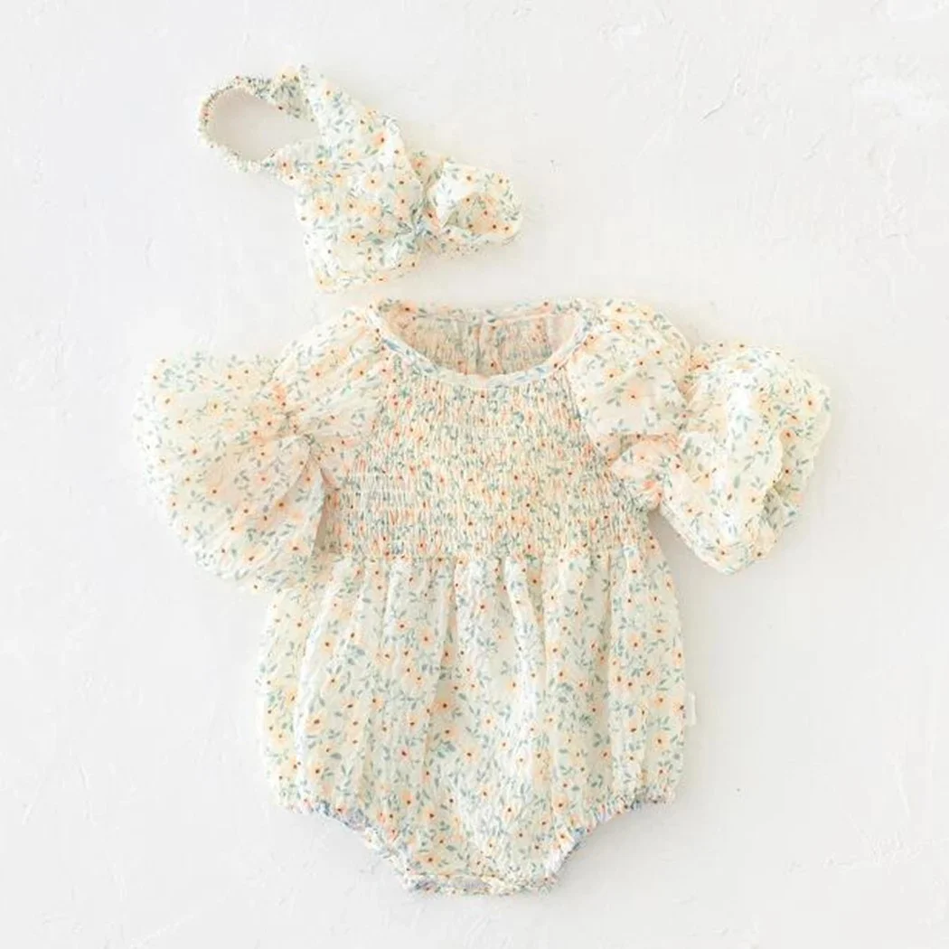 Wholesale Soft Breathable Short Puff Sleeve Infant Baby Bodysuit Kids Girls Clothing Children Overalls