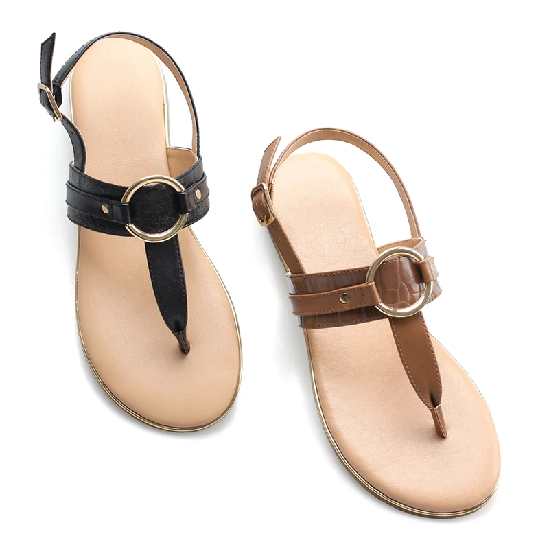 2023 The women fashion fancy slip on T strap soft insole buckle elastic flat sandal shoes