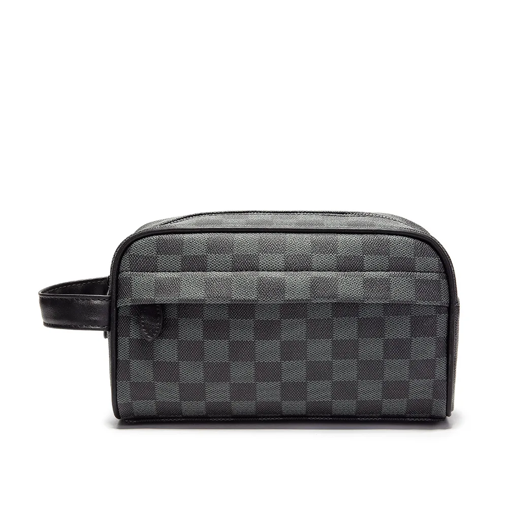 Checked Pattern Cosmetic Bags Cases Men Hanging Travel Toiletry Bag PVC Leather Business Toiletry Pouch Bag