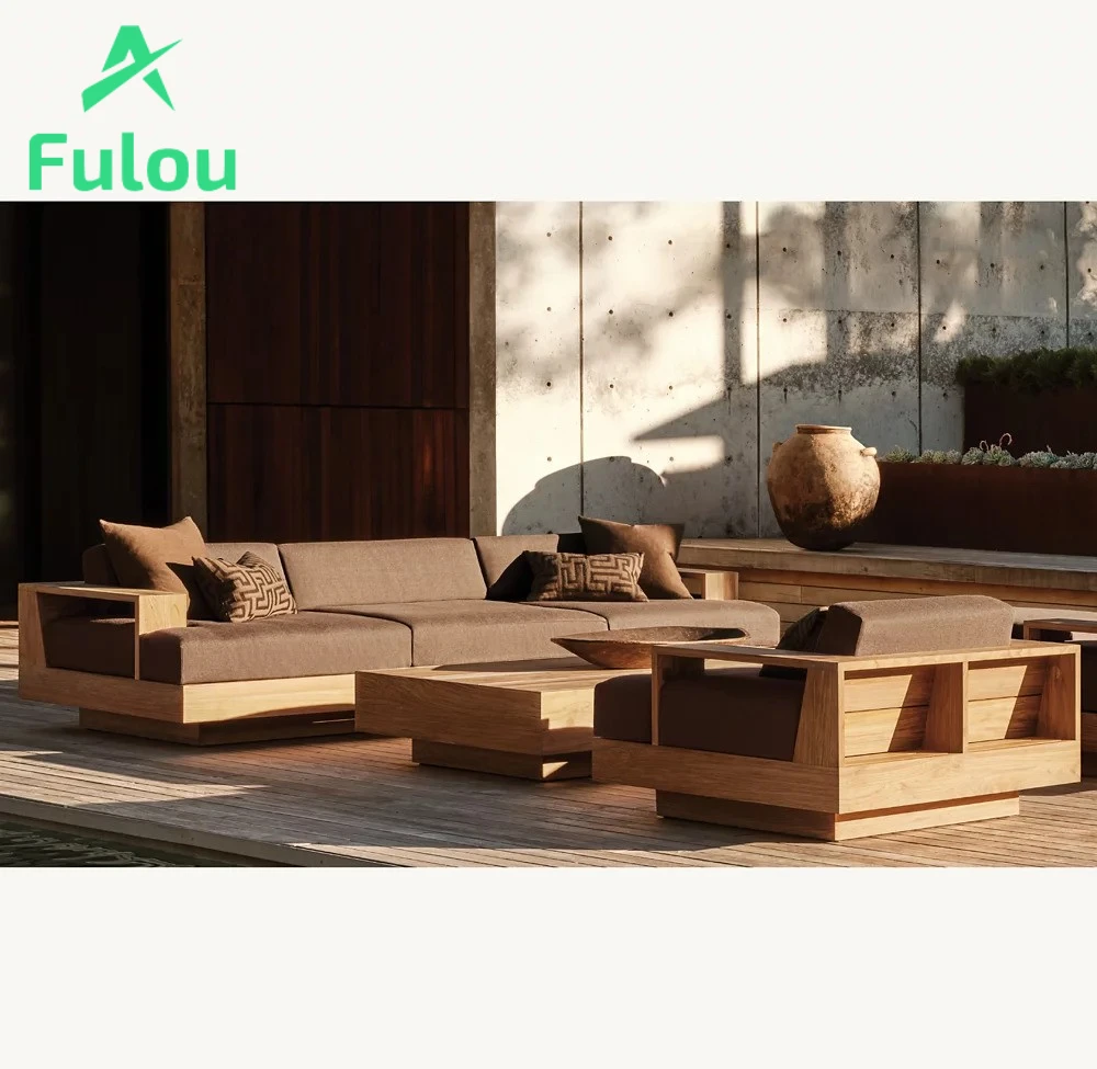 Contemporary Outdoor Furniture Teak Fabric Sofa Set Waterproof for Patio Garden Use Versatile Courtyard Farmhouse Apartment