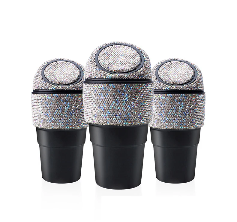 Bling Rhinestone Auto Garbage Can Crystal Car Trash Can Container with Lid Mini Cup Holder Garbage Bin