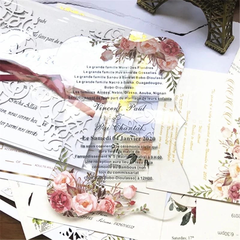 Роскошный прозрачный Элегантный цветочный узор на заказ акриловая Свадебная пригласительная карта