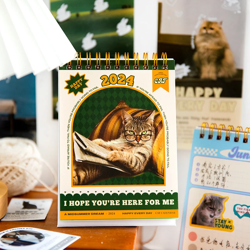 Mr. Paper 4 Design 13 Pages / Set Desk Calendar 2024 Year Vintage Animal Cartoon Cat Decoration Calendar for Planner