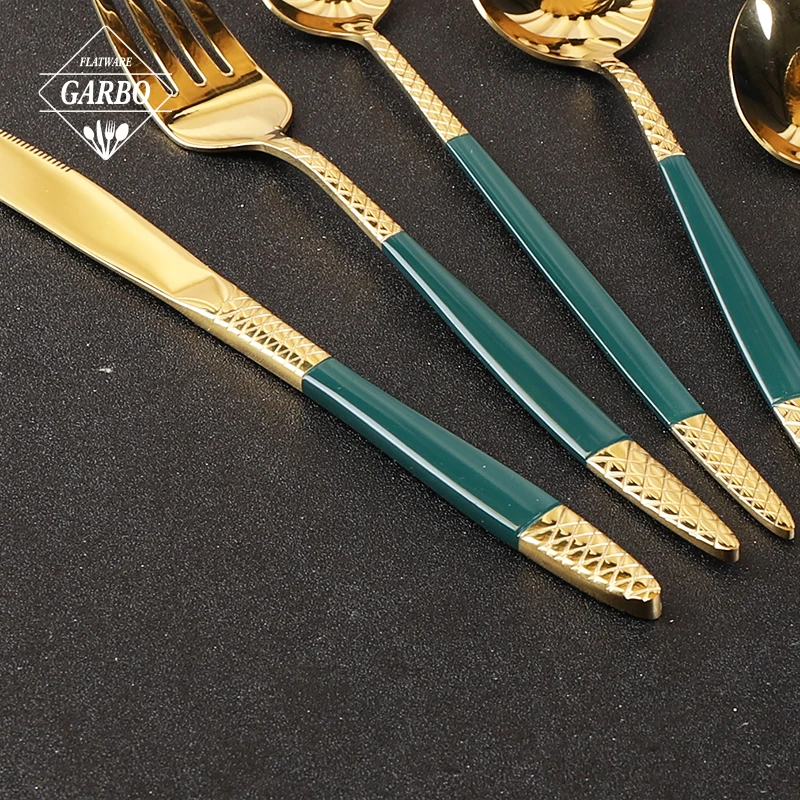 Set of 7pcs including table and dessert fork knife spoon set gold color stainless steel flatware set with blue painting handle