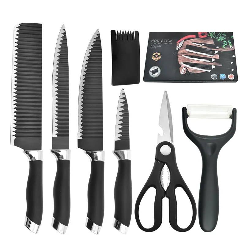 MANJIA Unique Black Non-stick 2024 Stainless Steel 7 PCS wavy Kitchen Knife Set With Scissor For Kitchen Accessories