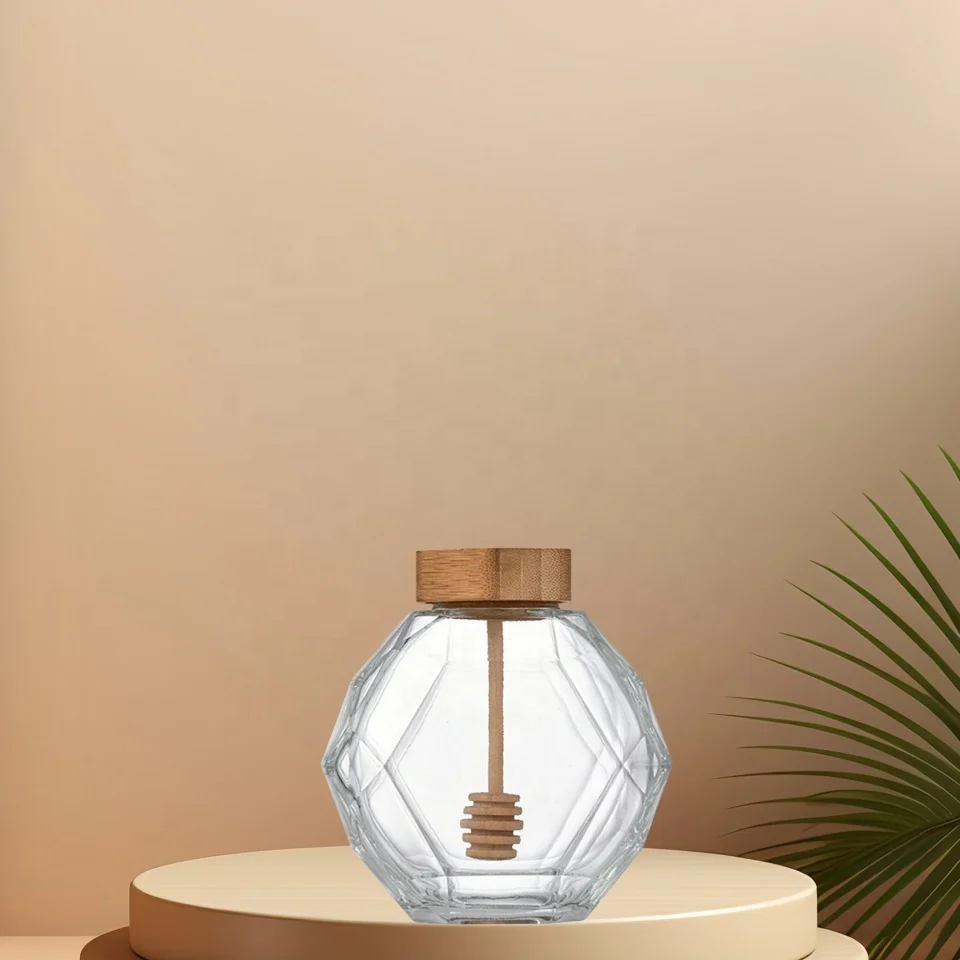 Thickened Bamboo Lid  Hexagonal Transparent Honey Glass Bottle Separate Bottle With Stirring Stick