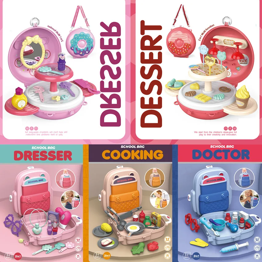 2 In 1 Cooking Games Simulation Pretend Play Kitchen Makeup Doctor Set House Toy For Kids Gift With Portable Backpack Bag