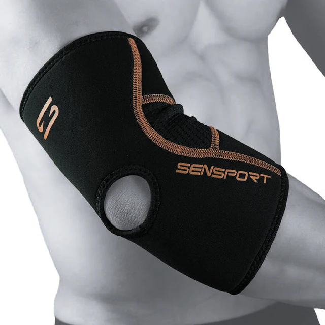 3mm neoprene elbow sleeve open hole elbow support brace with golden streamline for sports