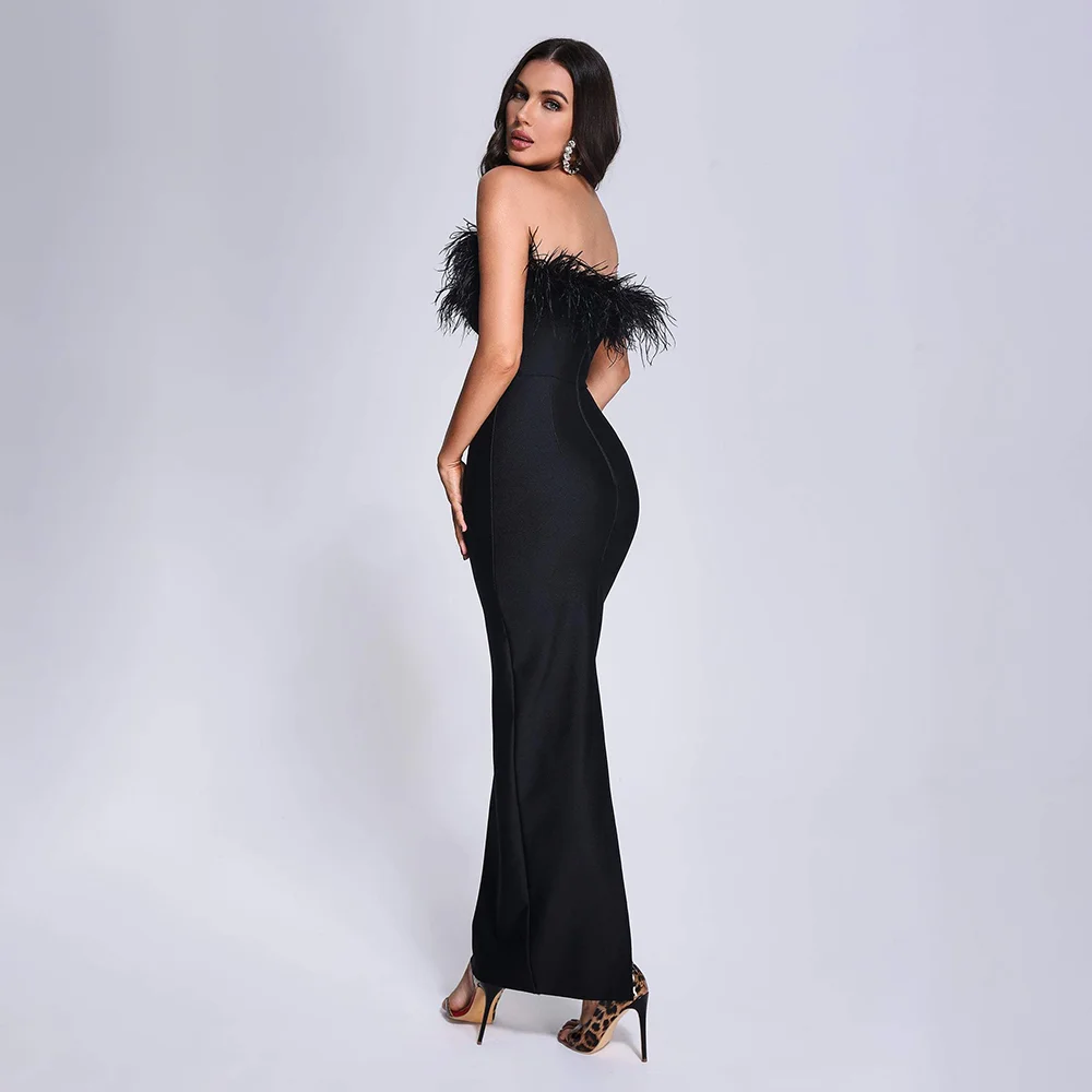BEISHI Women Off Shoulder Bandage Bodycon Special Occassion Feathered Black Evening Formal Maxi Dress With Feathers