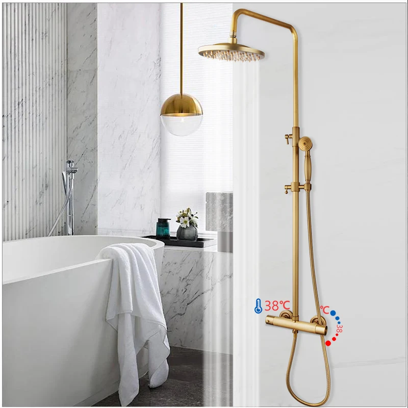 Antique Brass  Thermostatic Shower System Rainfall Faucet Set Mixer With Rain