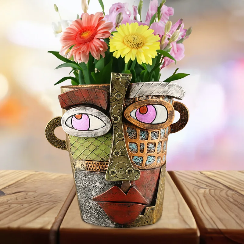 New Retro Human Face Colourful Art Succulent Planter Resin Arrangement Antique Flower Pot Pot Decoration