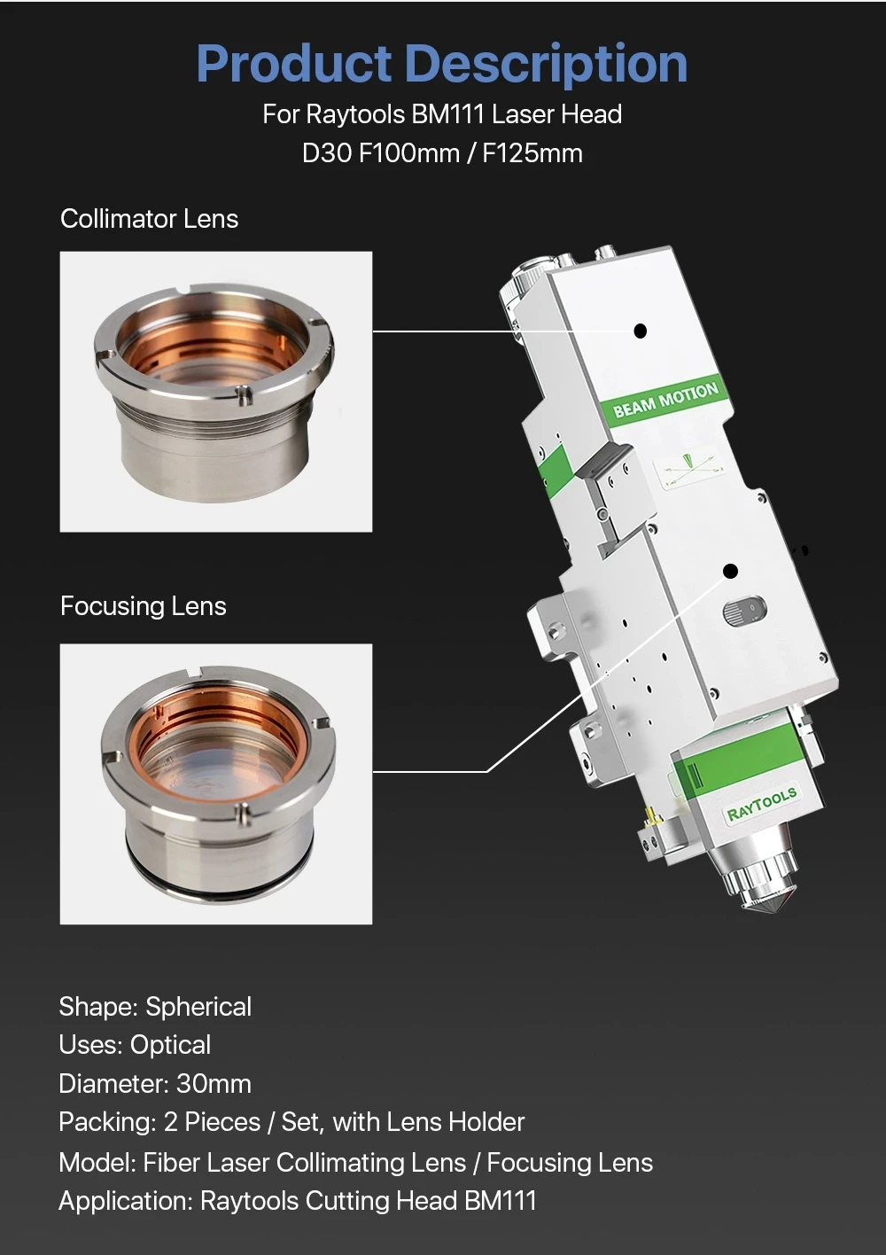 Collimator focusing lens D30/D37 F100/F125/F150/F200 for fiber laser cutting machine