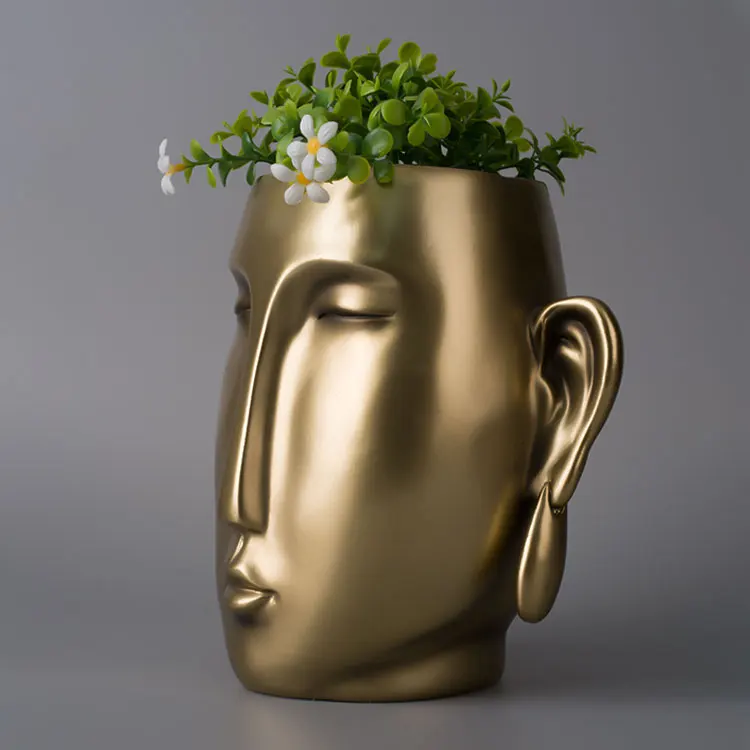 SE7 Custom Unique Other Gold Resin Indoor Home Decor Face Table Bum Flower Pot Floral Buddha Head Vases Flowerpot