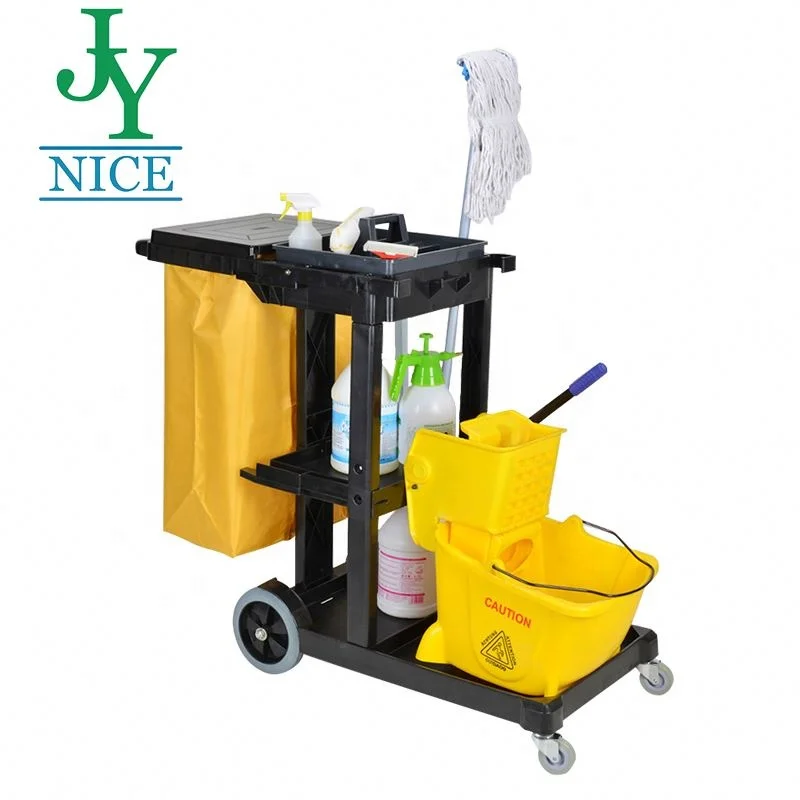 Wholesale Janitorial supply service multifunction hotel plastic housekeeping serving folding cleaning trolley janitorial cart