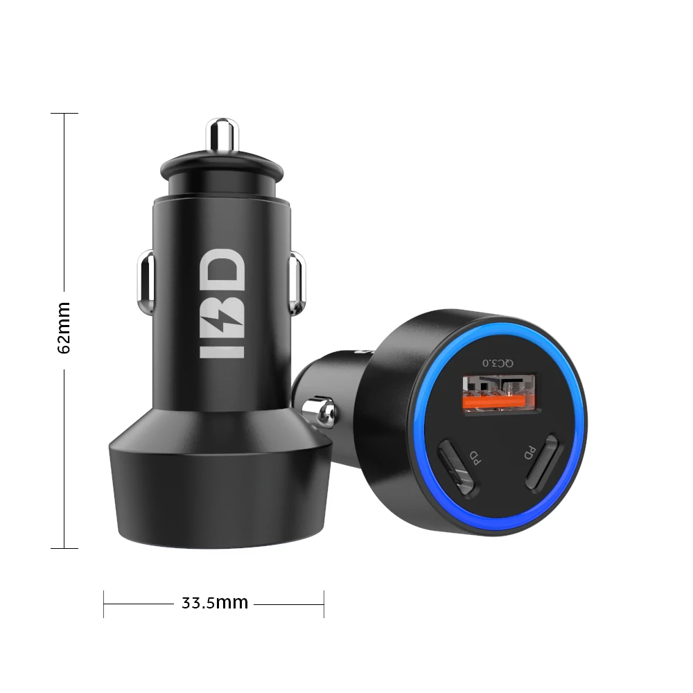 IBD 58W Metal Fast Pd 20W USB C Car Charger 3 In 1 Adapter Qc3.0 Mobile Phone Led Car Charger For Iphone 12