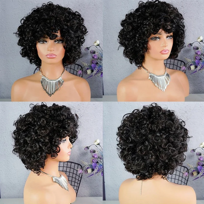 Short Bob Curly Wig with Bangs Human Hair Pixie Cut Wig Bouncy Curls Wear and Go Glueless Wigs for Black Women