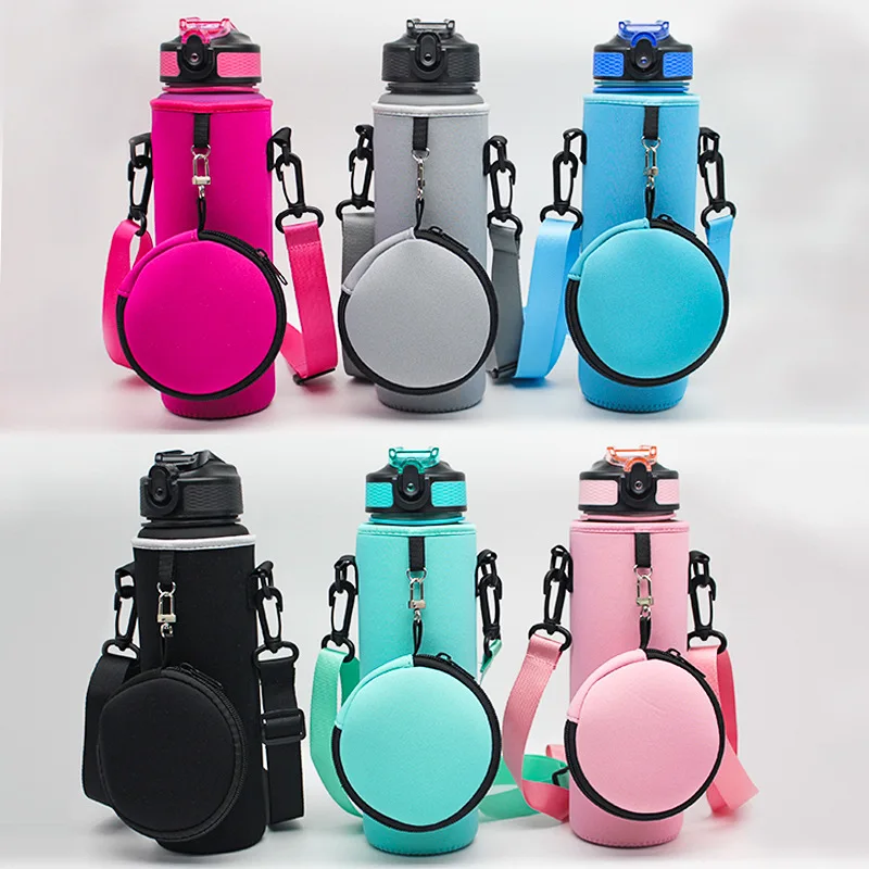 Collapsible Water Bottle Carrier Bag with Coin Purse Zipper Pouch 1000ML Cooler Bag Neoprene Cup Sleeve Bottle Holder with Strap