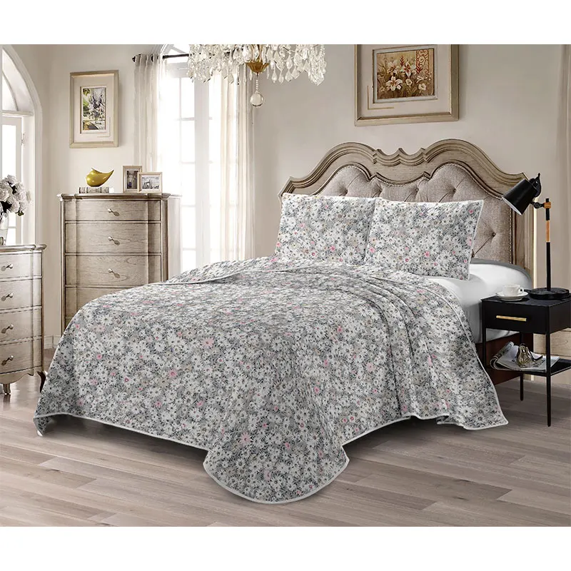 New Customized Light Green Flower Skin-Friendly Ultrasonic Quilted Bedspread Set