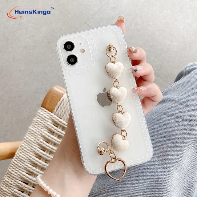 Transparent Pearl Love Chain Wristband Case for IPhone 13 12 Pro Max Mini XR X XS 7 8 Plus 9 Cute Phone Cover Luxury Coque Funda