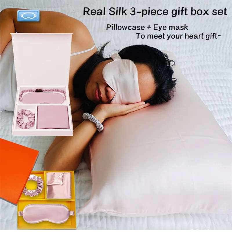 Real 100% Silk Pillowcase Set Mulberry Silk Eye Mask Blindfolds Women Silk Scrunchies Gift Set