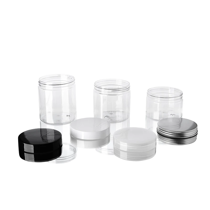 
8oz 250g Clear Round Empty Plastic PET Cream Container Jar with White Black Clear Lid 