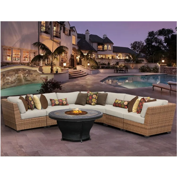 Современный L-образный дизайн вилла отель открытый Ротанг круглый стол Толстая Подушка секционные диваны Набор стульев