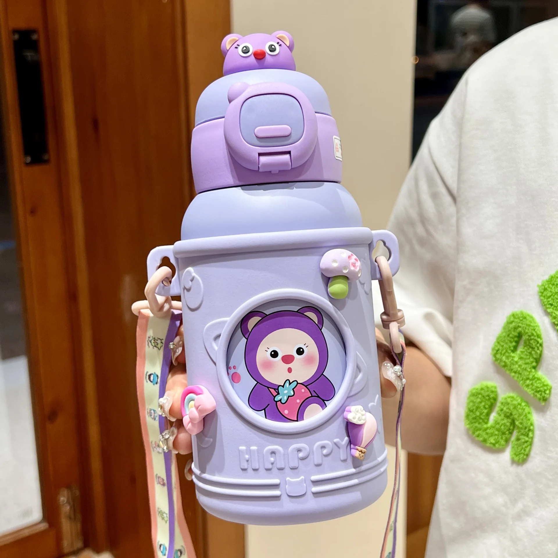 Seaygift kawaii 3D resin stickers children stainless steel water bottle shoulder strap baby girls boys thermos cup with straw