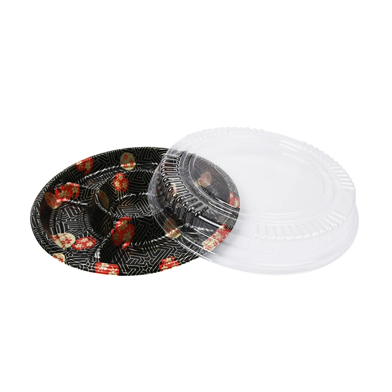 Disposable round plastic sushi tray container with lid