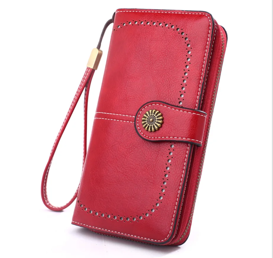Stocked New Female Vintage Oil Wax Leather Cell Phone Bag Long Hollowed-out Large Banknote Clip Pickup Bag Women Wallet