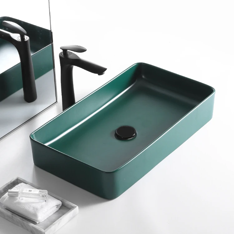 HEGII new coming high end rectangular countertop ceramic vessels sink art basin matt green color wash basin for bathroom