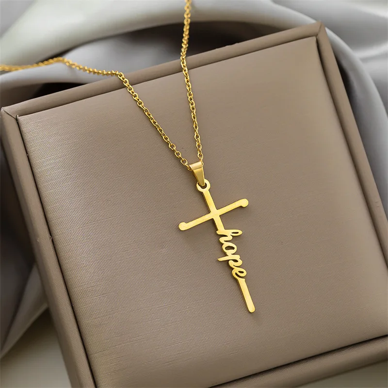 Hot Selling Religious Necklaces Jewelry High Quality Thicken Stainless Steel Trust Patience Hope Blessed Cross Charm Necklace
