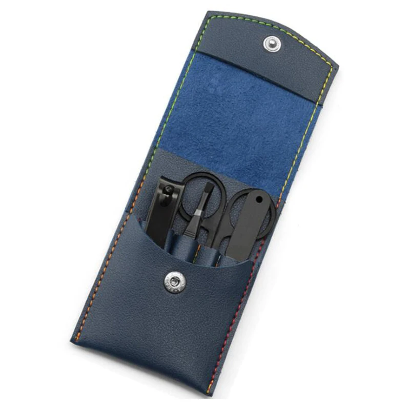 China Factory Supply Private Label Manicure Tools 4pcs Blue Manicure Set Kit For Nail Care With Portable Leather Case
