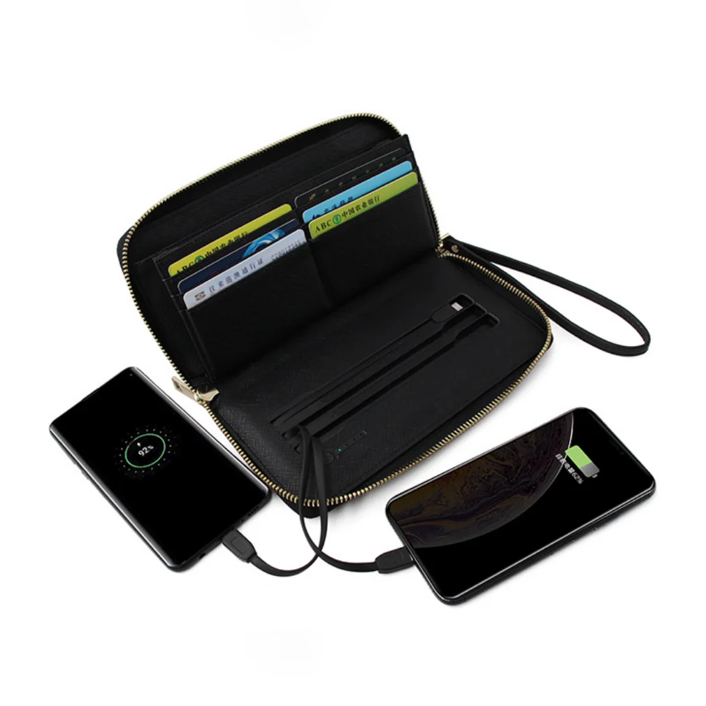 
Trendy Wireless Charging Zipper Wallet Universal Power Bank 5000mAh Embossed Logo Women Wallet 