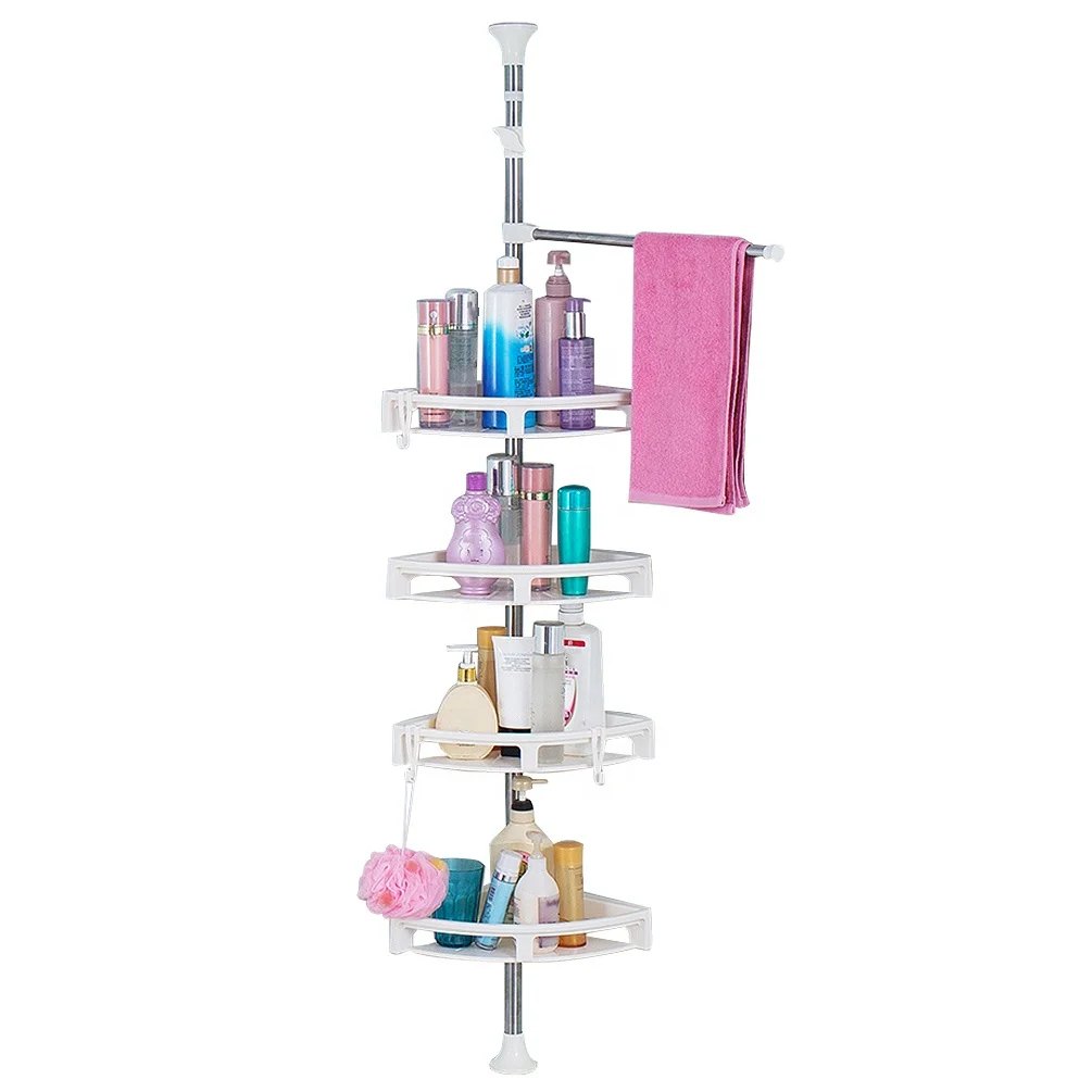 BAOYOUNI 4 Tier Telescopic Bathroom Corner Shower Rack Expandable Tension Mounted Storage Corner Shelf Stand with Tower Bar
