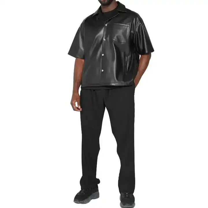 High Quality Mens Short Sleeve Leather Button Up Shirt for Men Boxy Fit Blank Tee Shirts