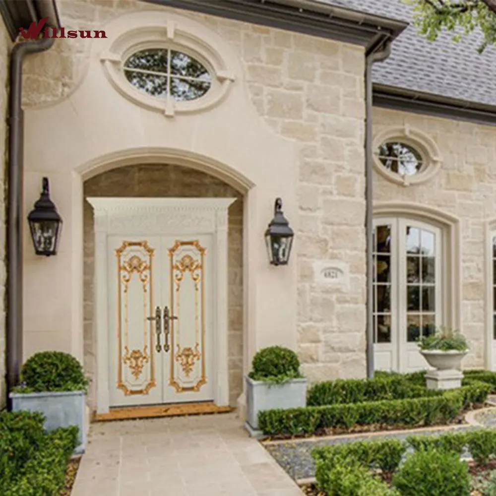 Luxurious Golden Lacquer Carved White Wooden Front Doors White French Doors Wood Double Entry Doors
