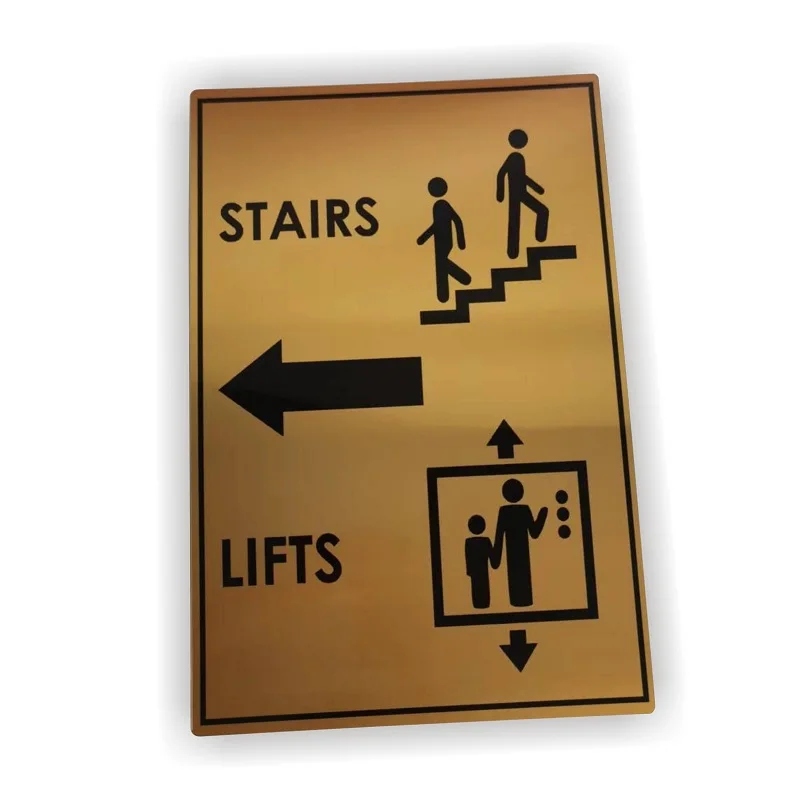 custom sublimation print adhesive stainless steel metal restroom bathroom floor number sign brushed gold aluminum brass panel