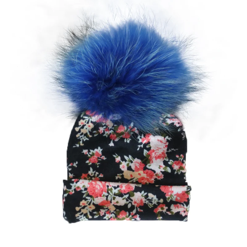Flower style baby fur pompom hats newborn fur ball hats cotton beanies for infant